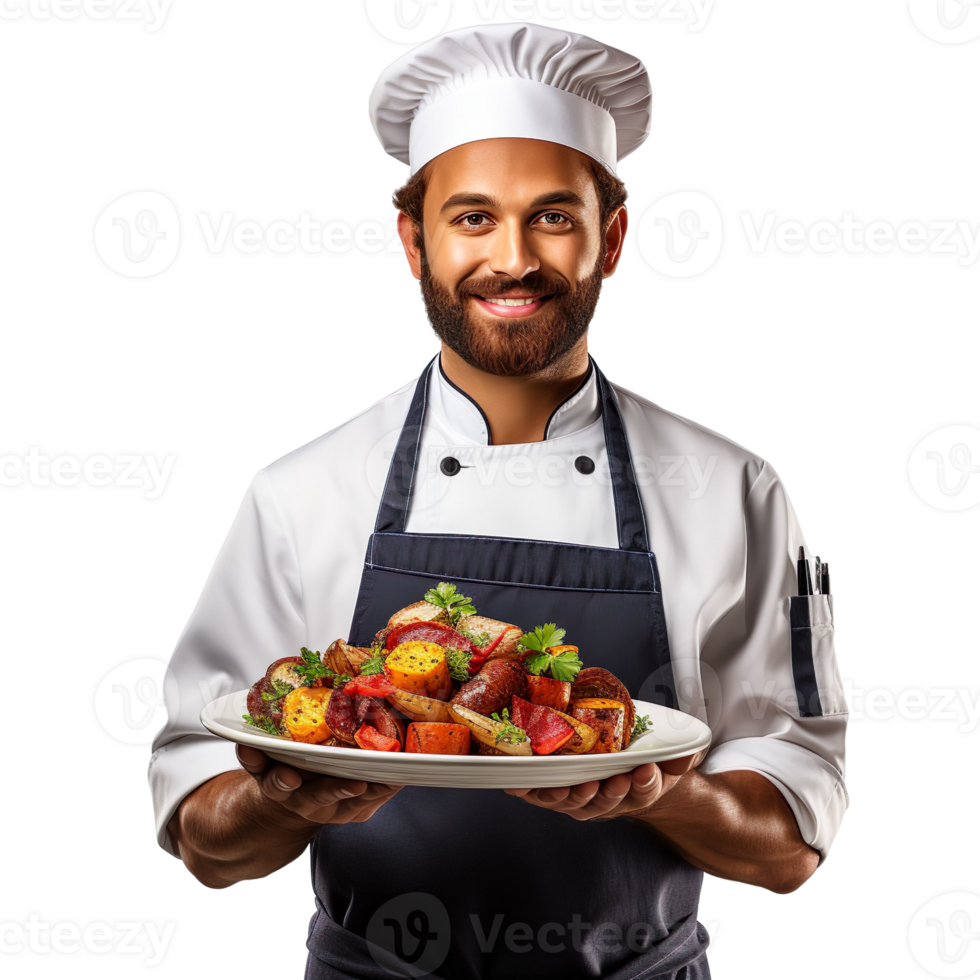 A chef in uniform holding a tray of food isolated on transparent background png