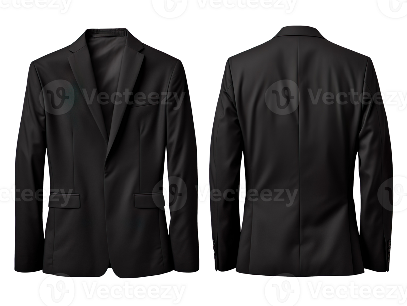 A black suit jacket mockup, front and back view isolated on transparent background png