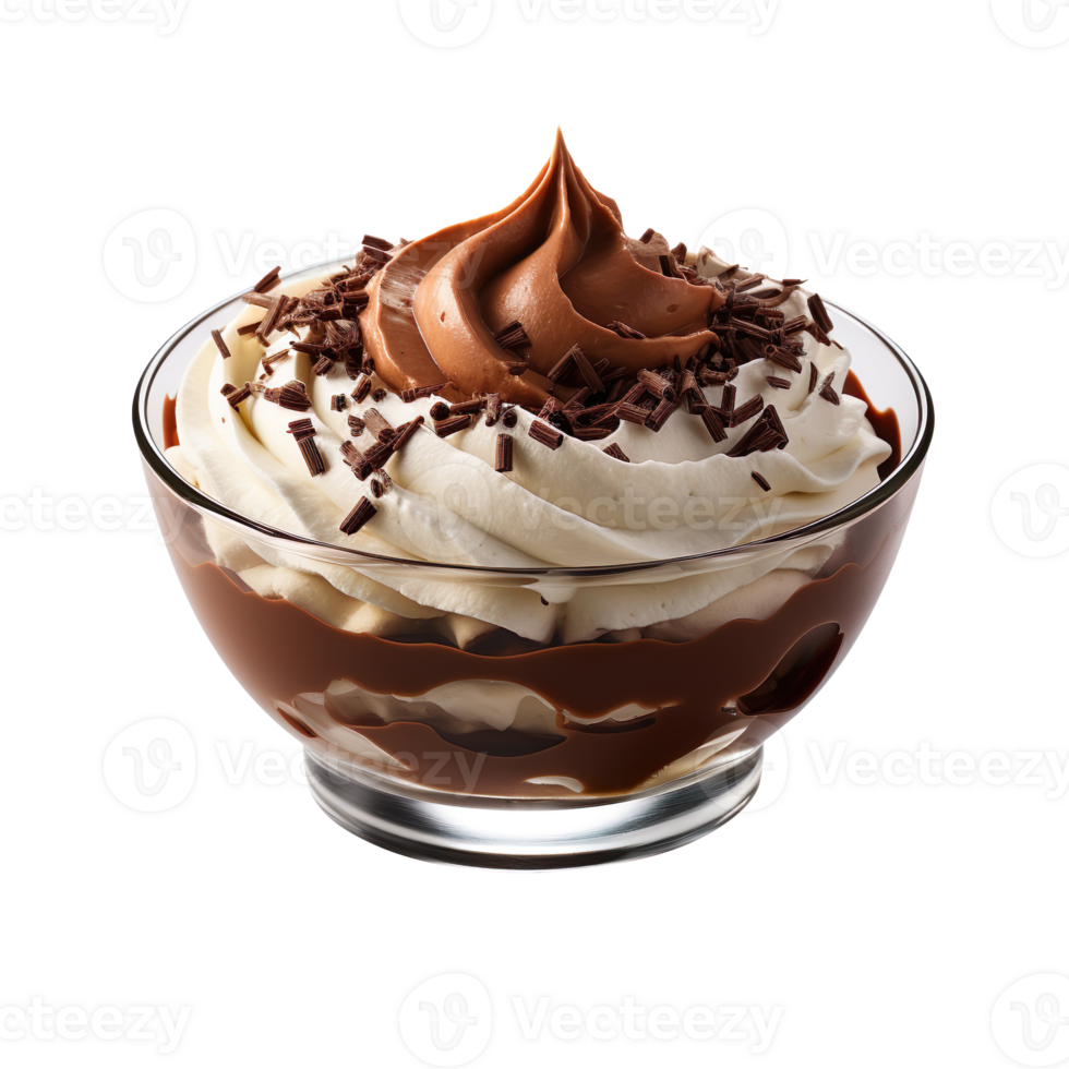 A bowl on chocolate mousse topped with whipped isolated on transparent background png