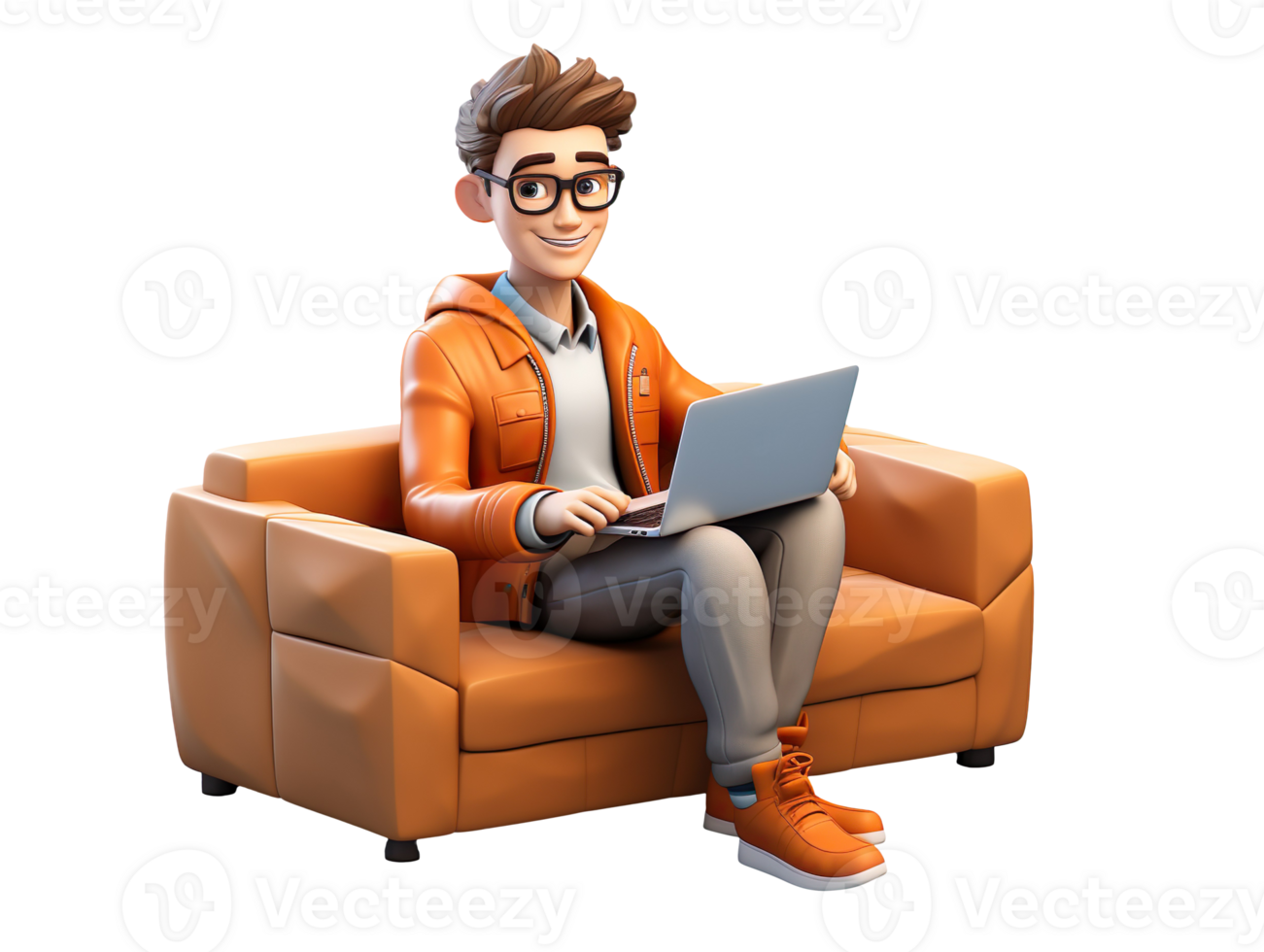 3d male character sitting on a sofa and working on a laptop isolated on transparent background png