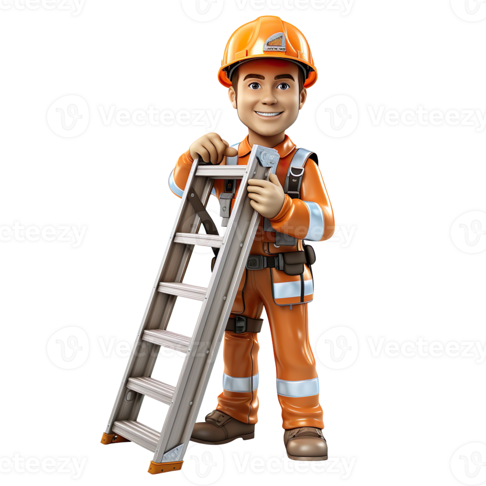 A cartoon construction worker holding ladder isolated on transparent background png