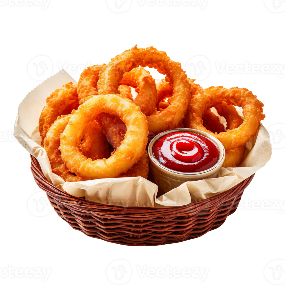 A basket of onion rings with a side of ketchup isolated on transparent background png