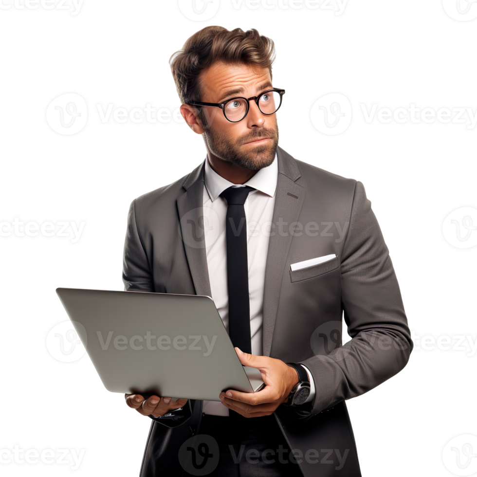 A man in a suit is holding a laptop and looking confused isolated on transparent background png