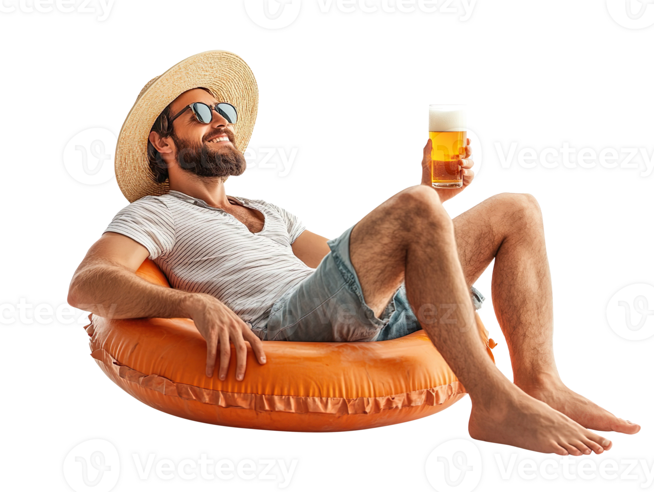 A male traveller relaxed on a buoy with a glass of beer isolated on transparent background png