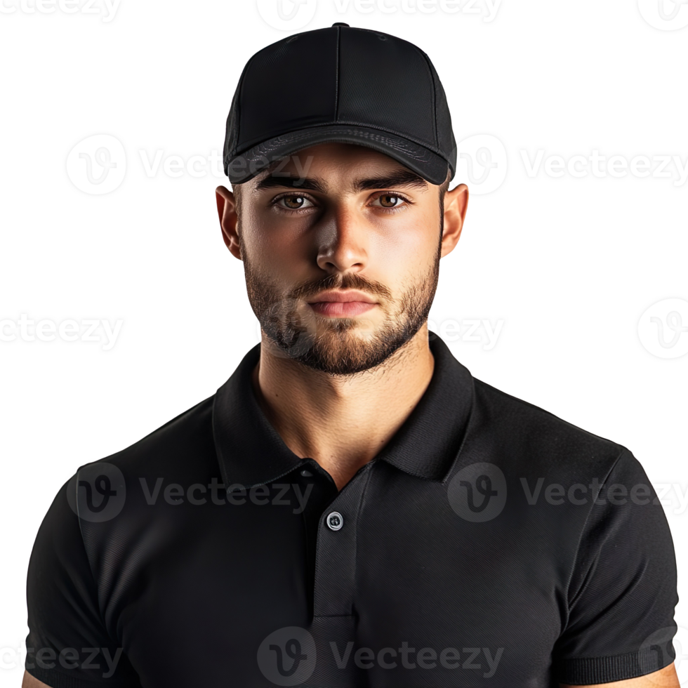 A guy in a black polo shirt and a cap isolated on transparent background png