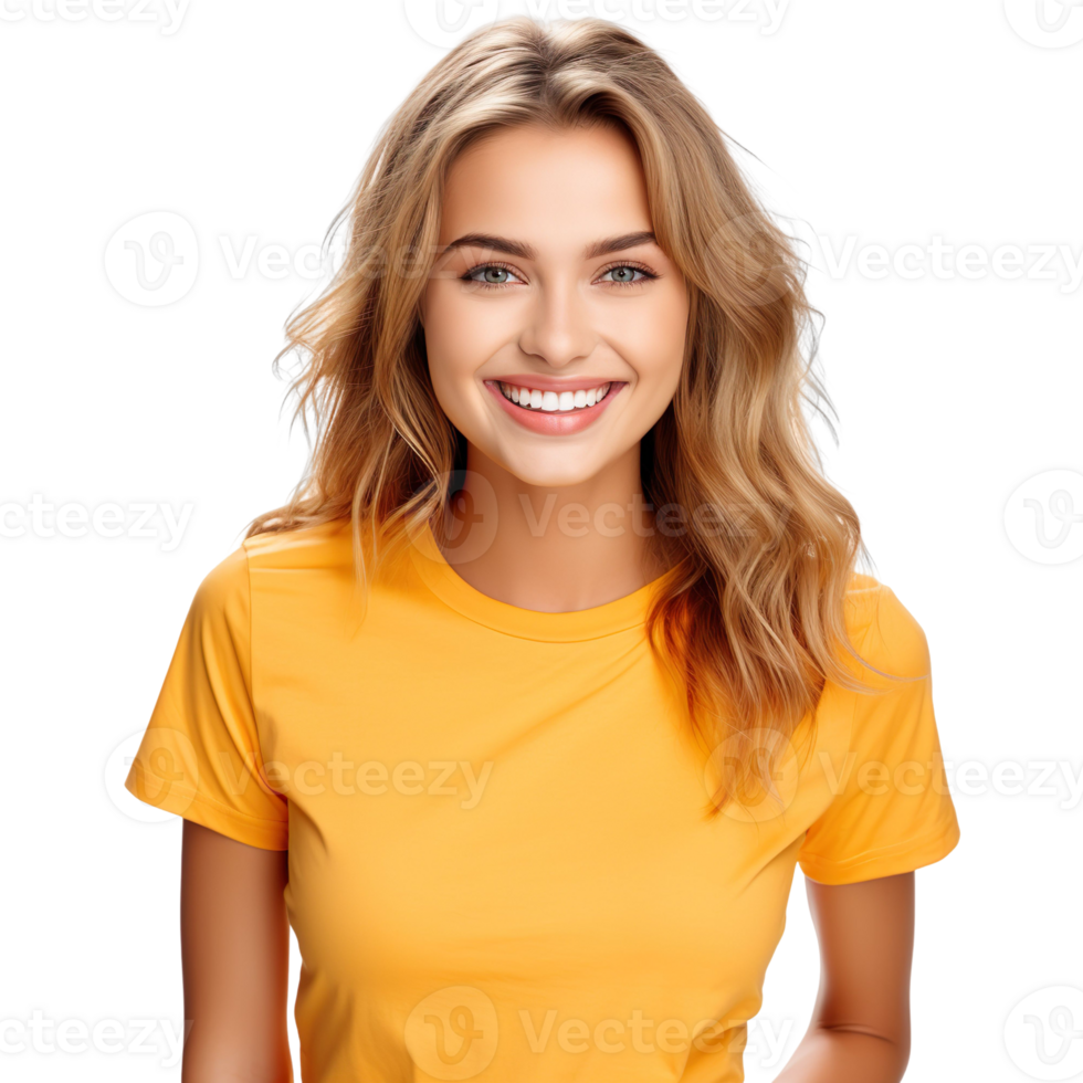 A happy woman wearing a color t-shirt isolated on transparent background png