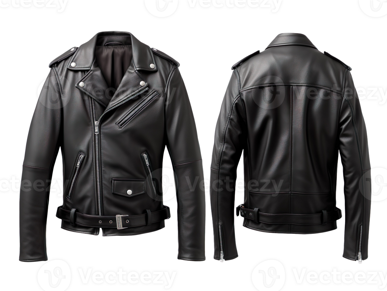 a midnight black leather jacket, Front and back view isolated on transparent background png