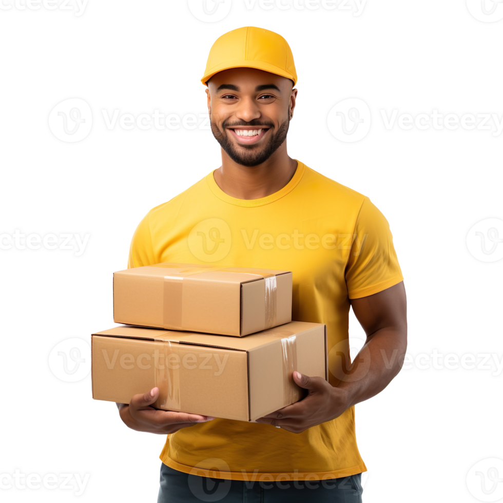 A delivery man in a yellow uniform is holding two boxes isolated on transparent background png
