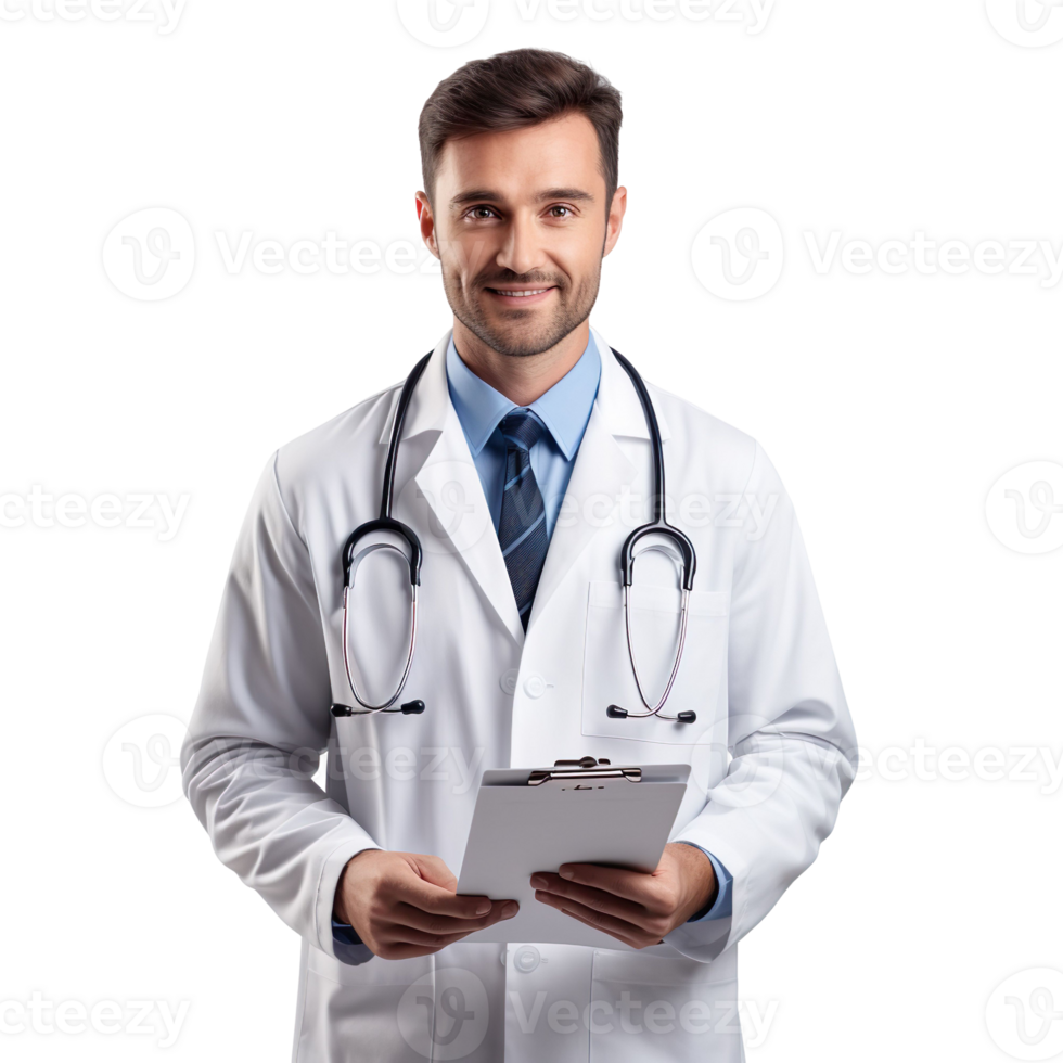 A doctor in a white coat, holding a clipboard isolated on transparent background png