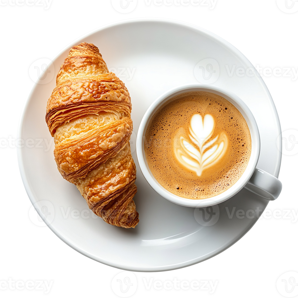 a cup of coffee with croissant on white plate isolated on transparent background png