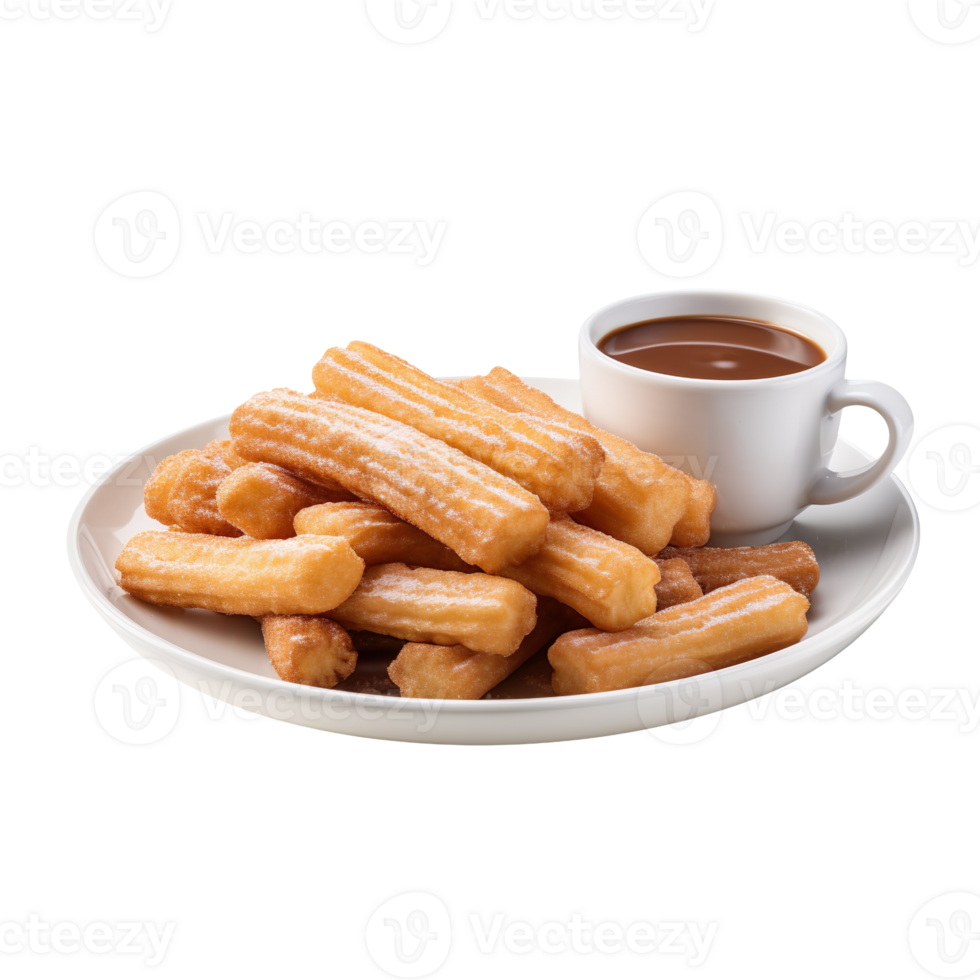 A plate of churros with a dipping sauce on it isolated on transparent background png