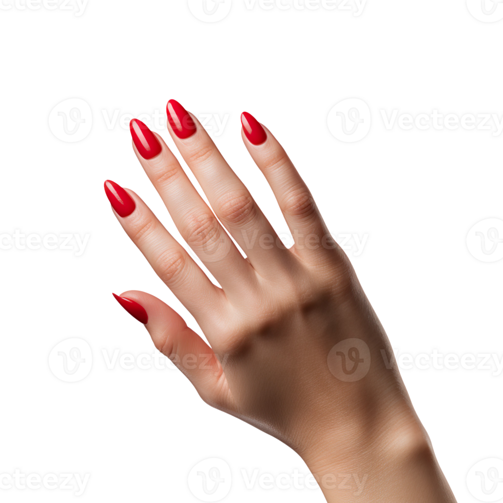 A woman's hand with a red manicure isolated on transparent background png