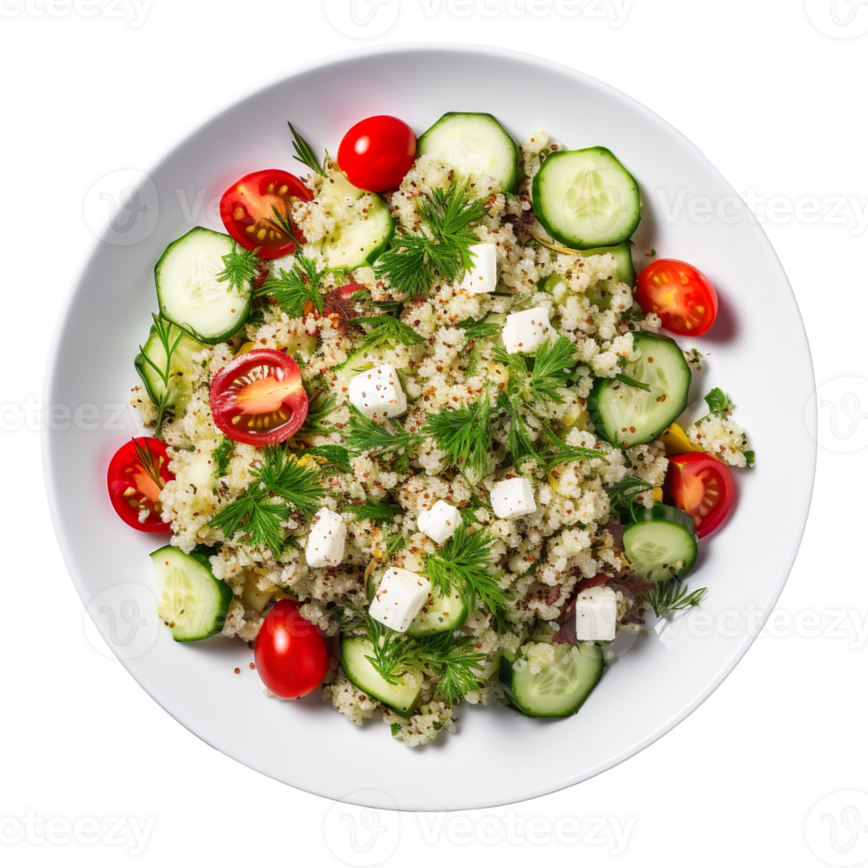 A plate of quinoa salad with sliced cucumber and tomatoes isolated on transparent background png