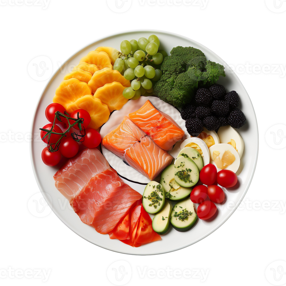 a plate with various types of foods isolated on transparent background png