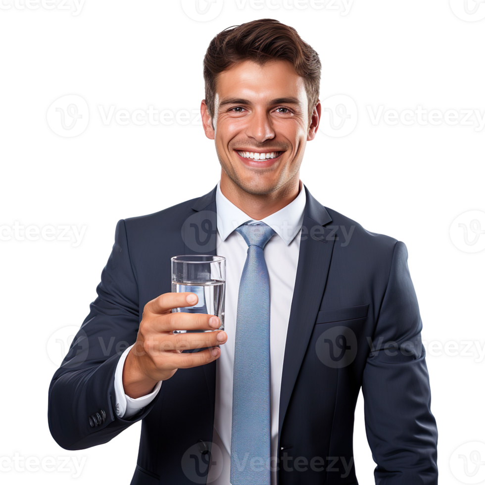 a smiling businessman holding a glass of water isolated on transparent background png