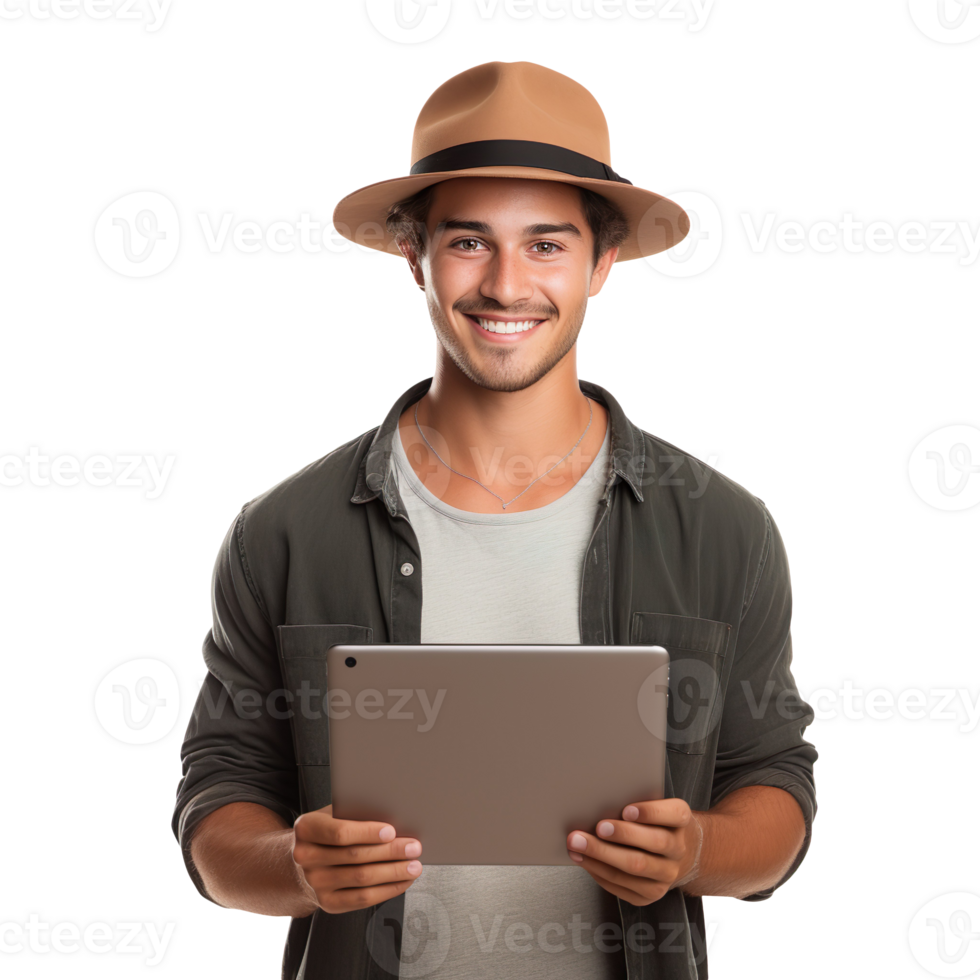a smiling young man holding a tablet computer isolated on transparent background png
