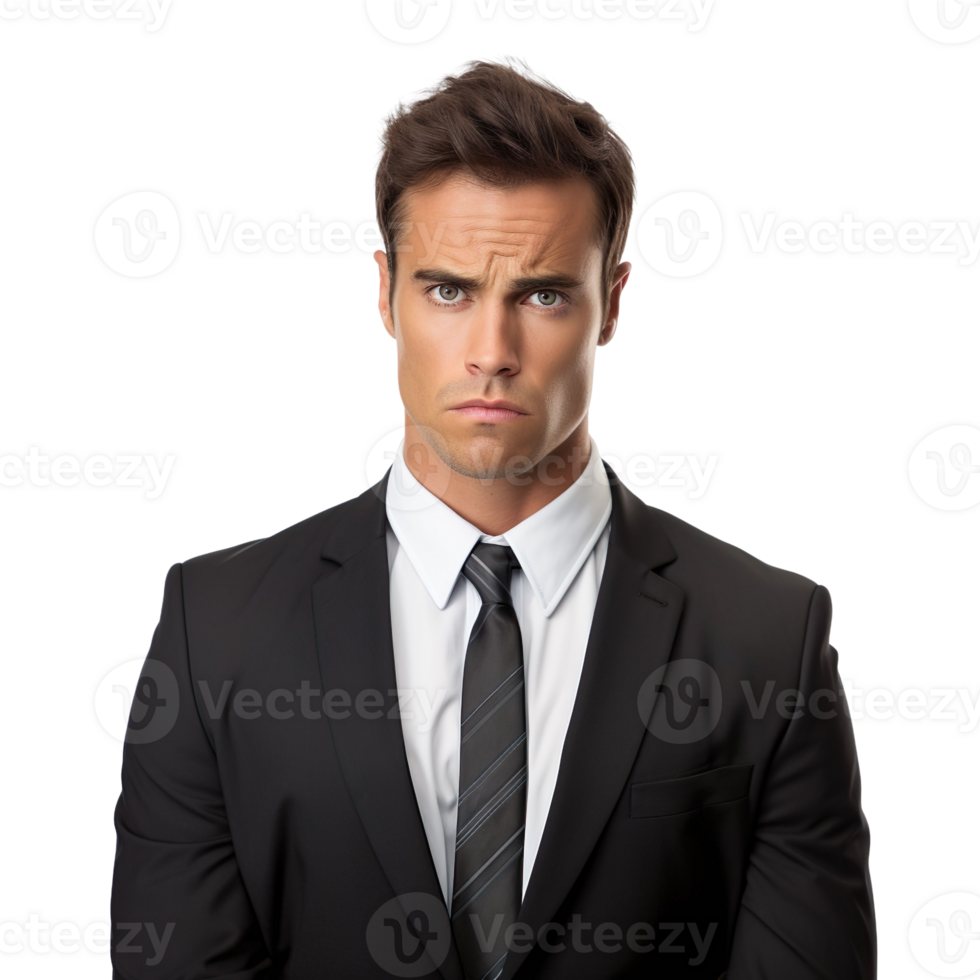 A young handsome business man with an upset expression isolated on transparent background png