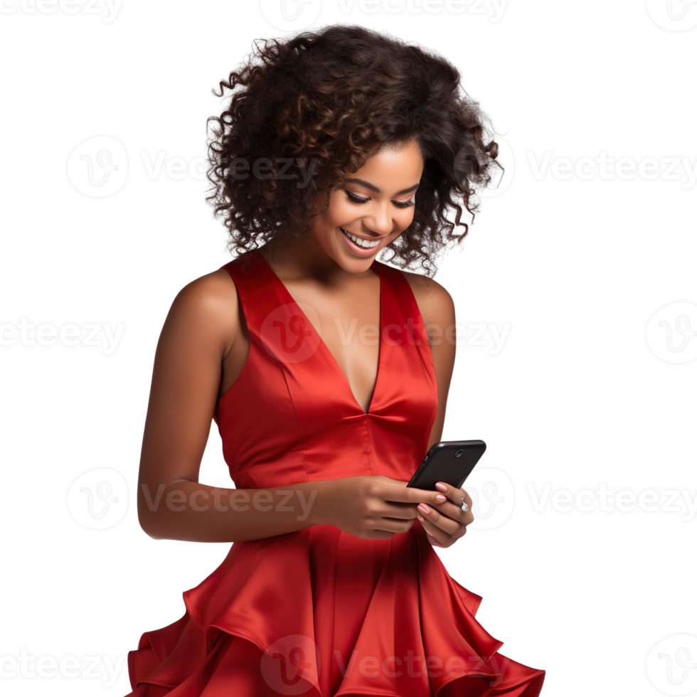 African American Woman in red dress using mobile phone isolated on transparent background png