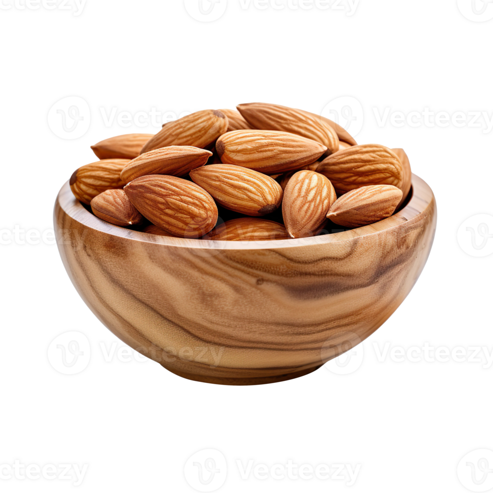 Almond in wooden bowl isolated on transparent background png