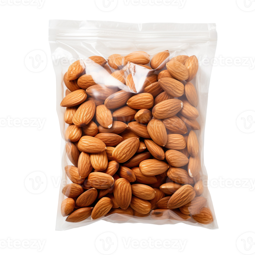 Almond in plastic bag isolated on transparent background png