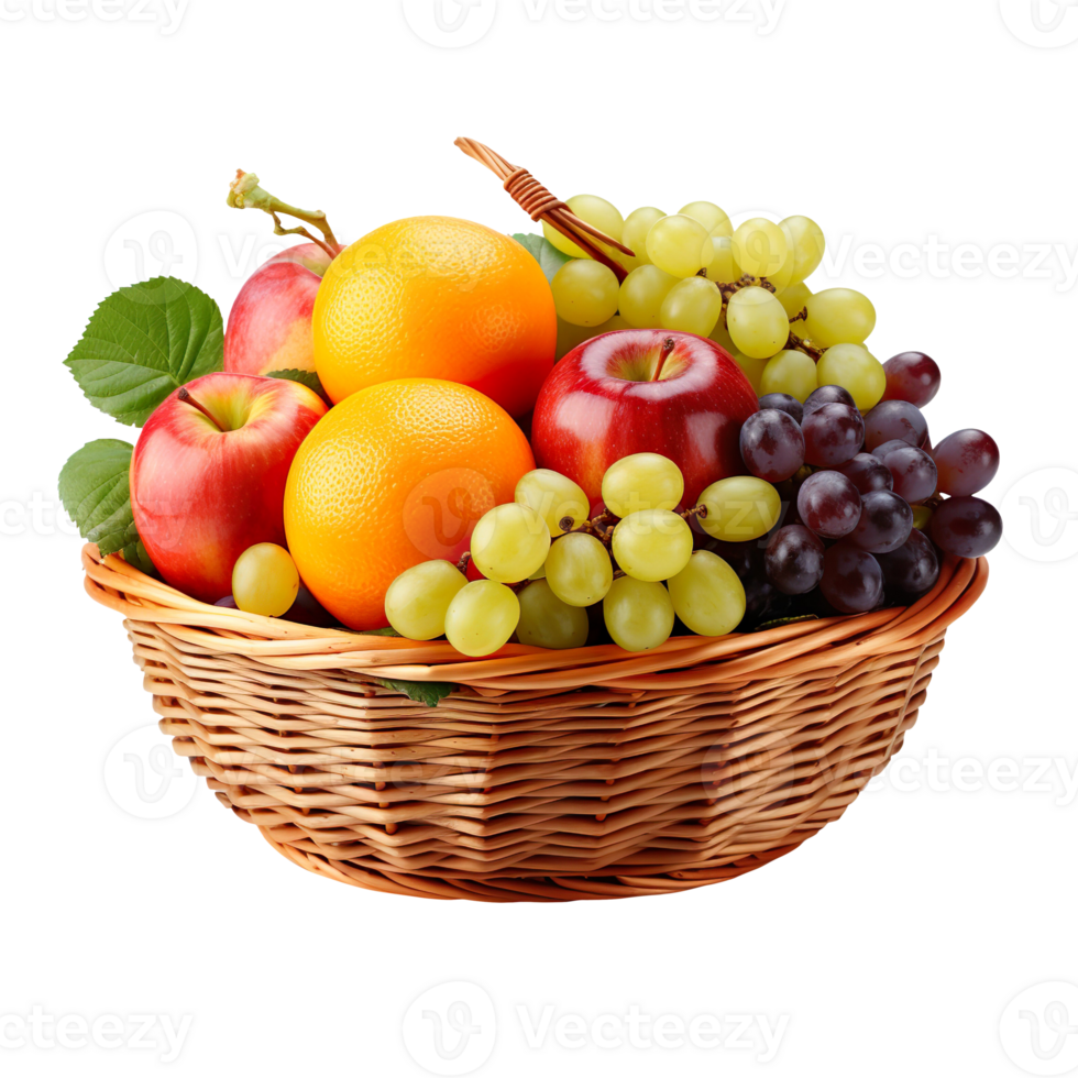 Basket of Fruit with Apples, Grapes, and Oranges isolated on transparent background png