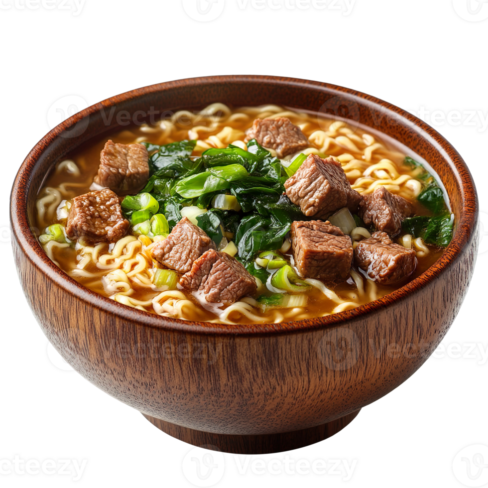 Beef ramen noodle soup in wooden bowl isolated on transparent background png