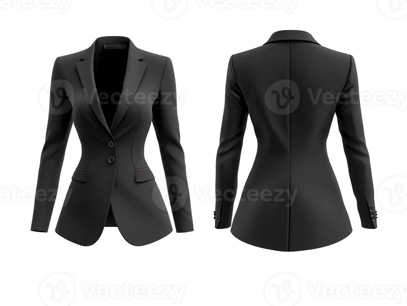 Black blazer for woman, front and side view, mockup isolated on transparent background png