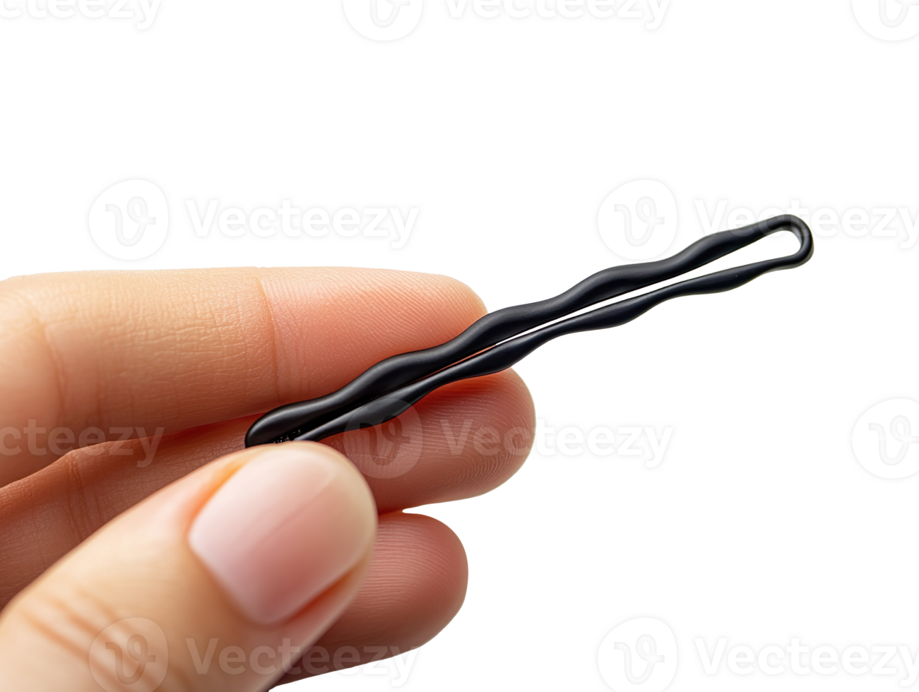 Black metal hair clip in hand isolated on transparent background png