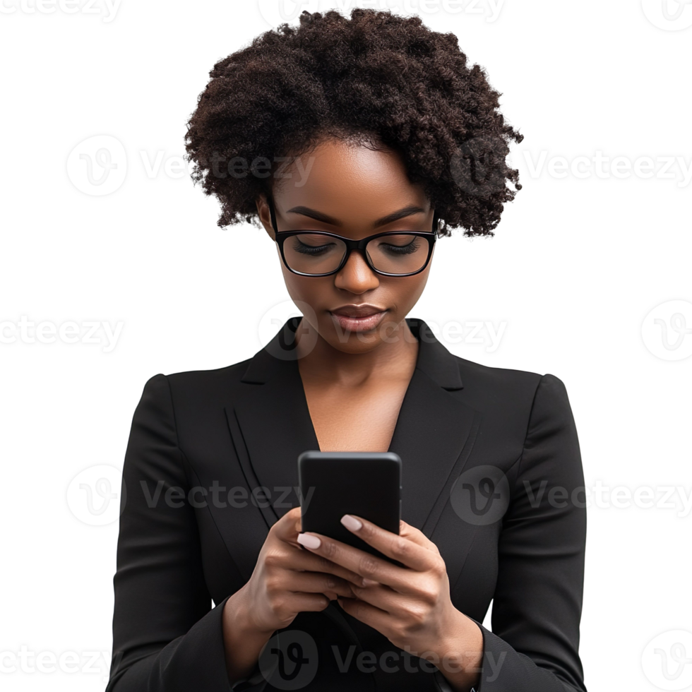 Black businesswoman typing in phone in hands isolated on transparent background png