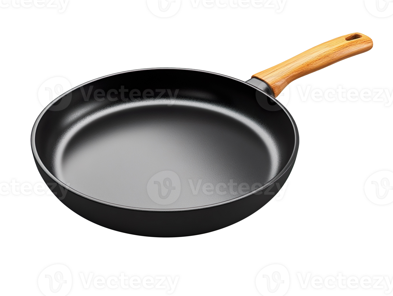 Black frying pan with wooden handle isolated on transparent background png