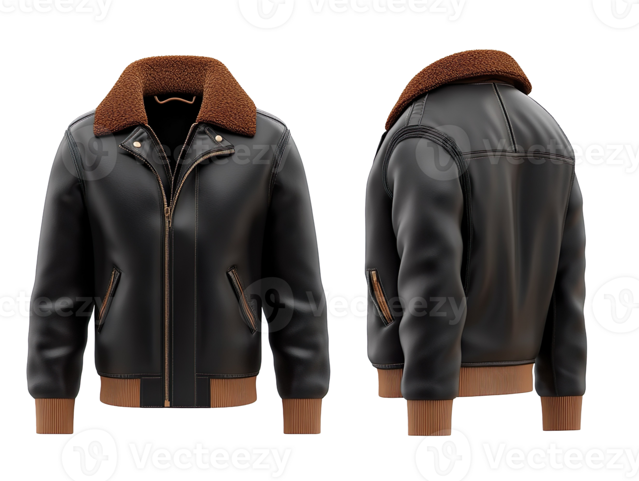 Black Jacket with Brown Collar, front and back view isolated on transparent background png