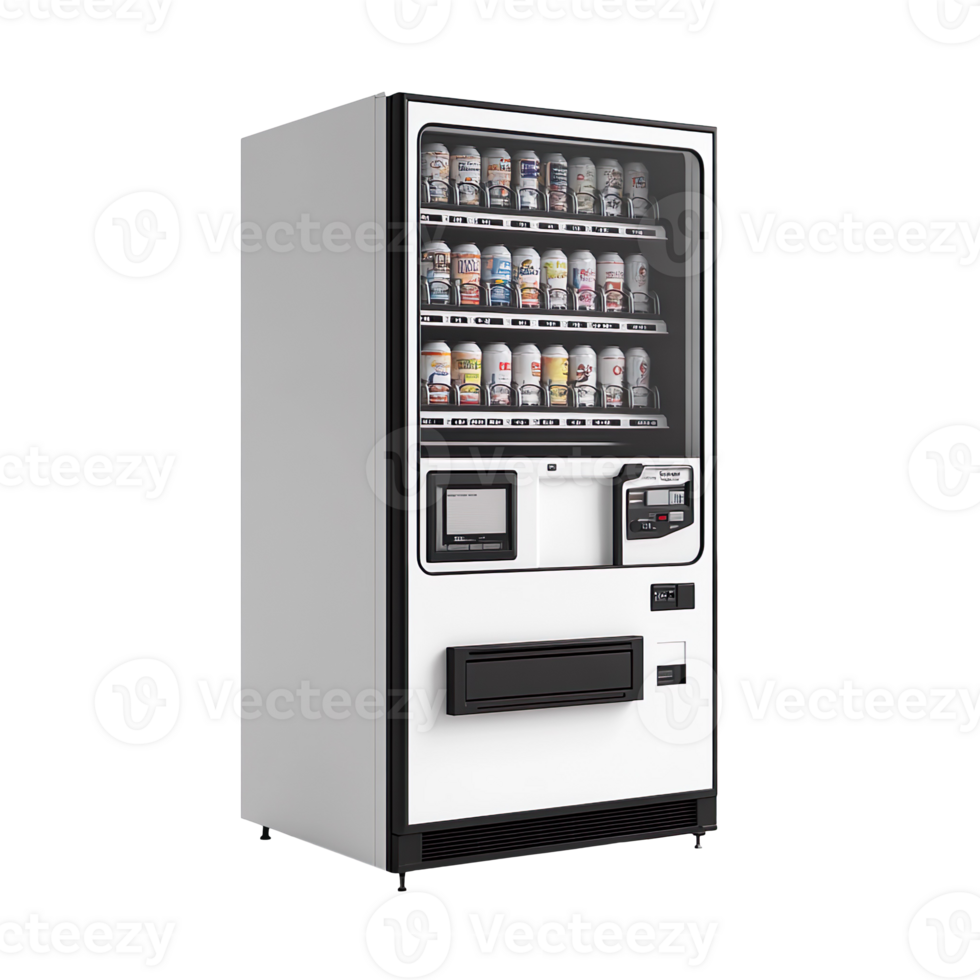 Blank black and white vending machine mockup, side view isolated on a transparent background png