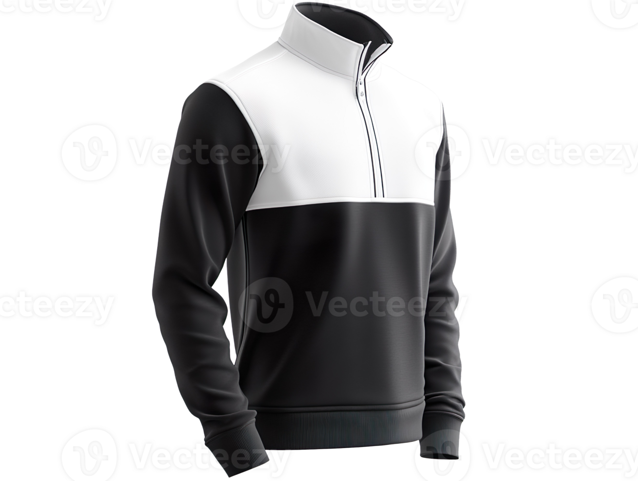Blank black and white quarter zip sweater mockup, side view isolated on transparent background png