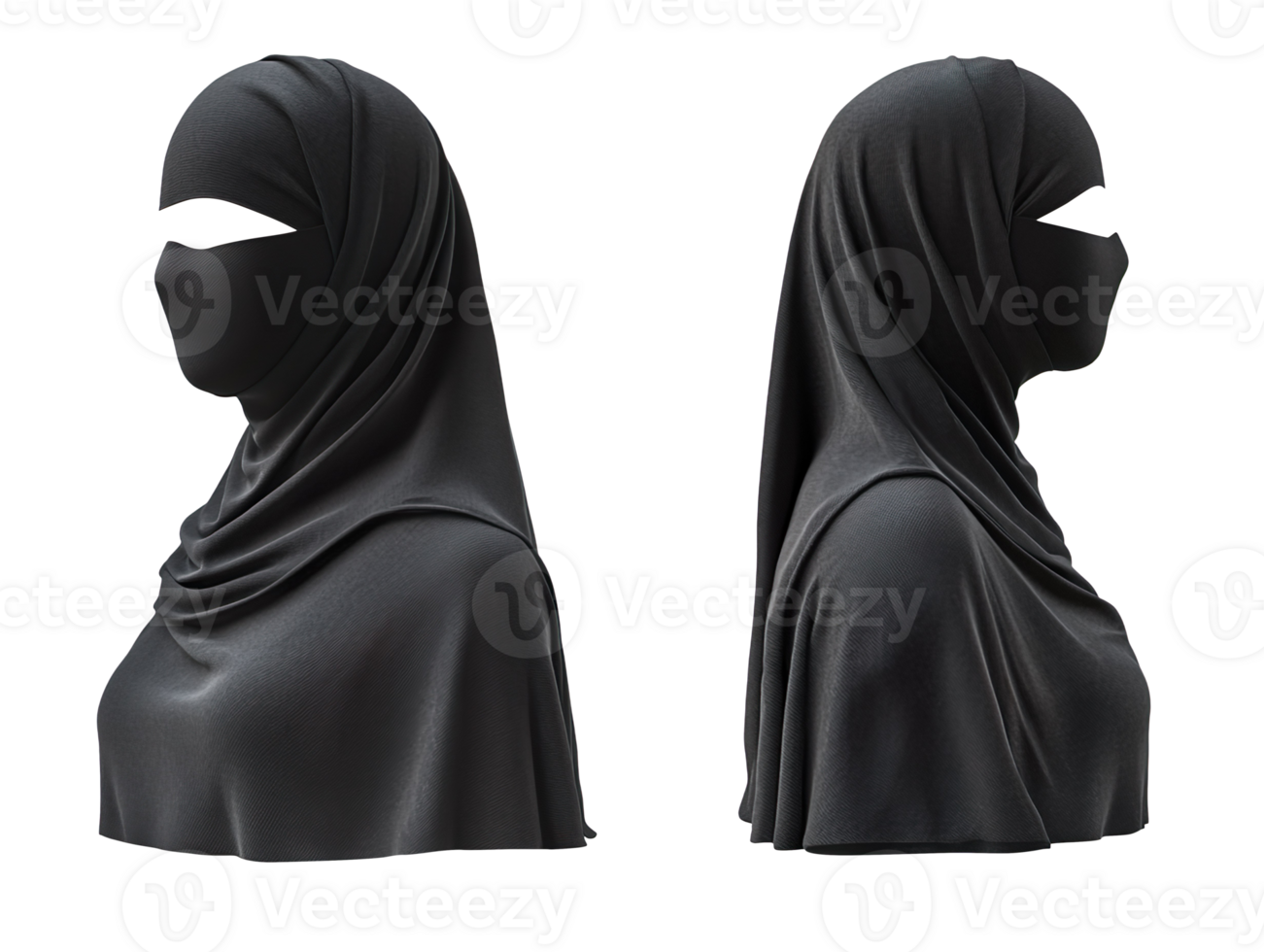 Blank black female niqab mockup, front and side view isolated on transparent background png