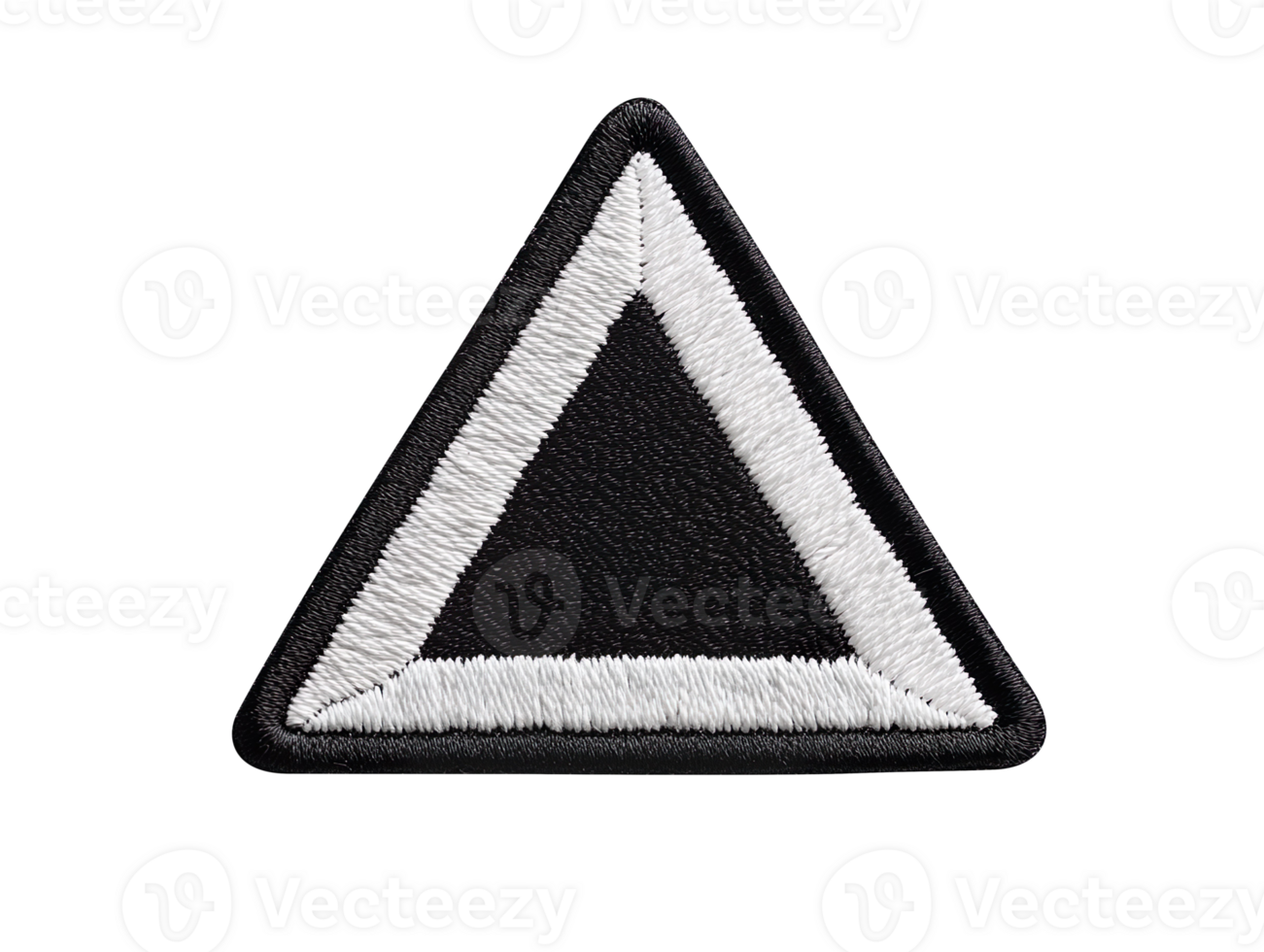 Blank black and white triangle embroidered patch mockup, top view isolated on transparent background png