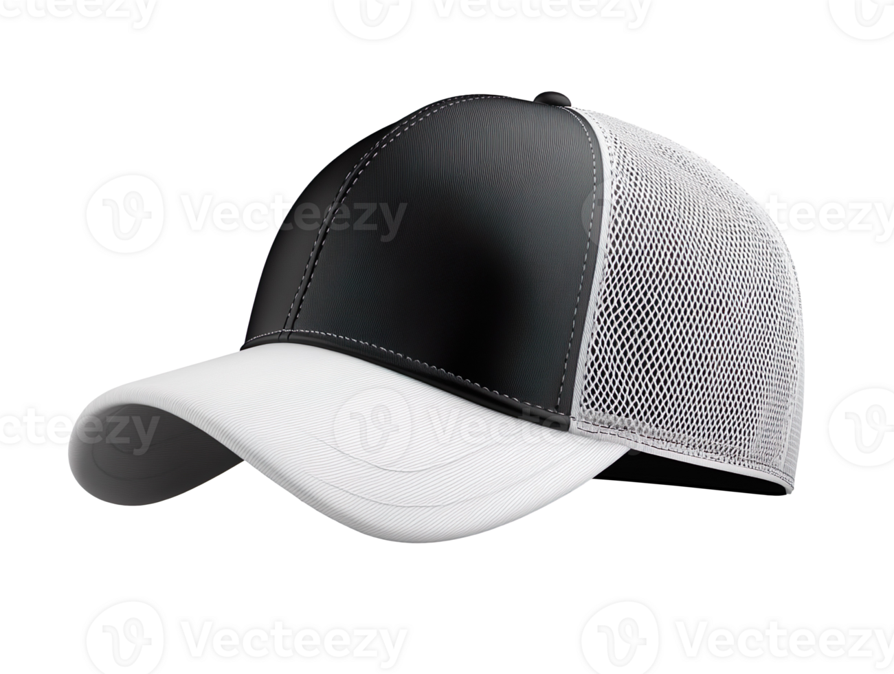 Blank black and white trucker hat mockup, no gravity isolated on transparent background png