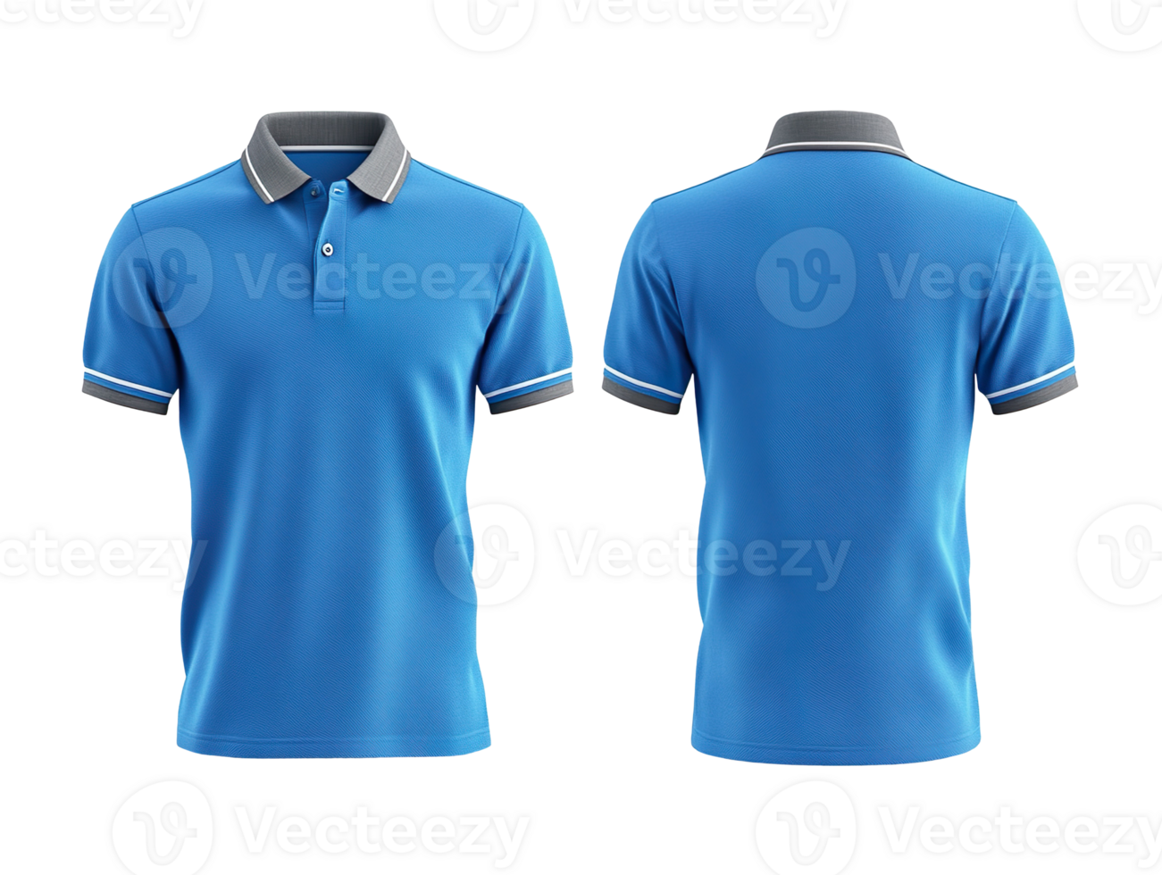 Blue polo shirt mockup with gray collar, front and back view isolated on transparent background png