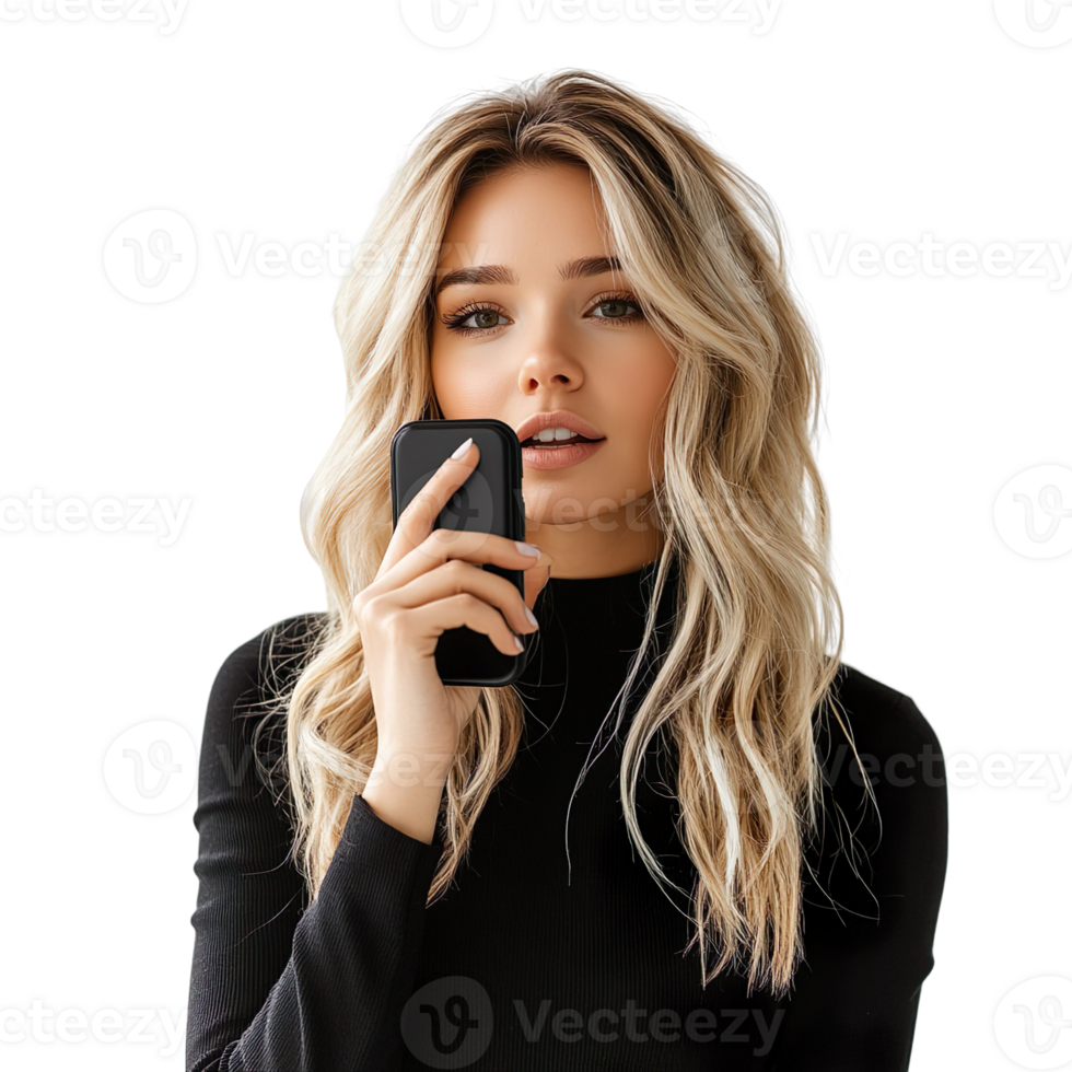 Blonde businesswoman records a voice message on her phone isolated on transparent background png