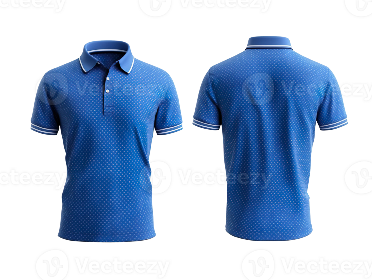 Blue polo shirt mockup with white pattern, front and back view isolated on transparent background png