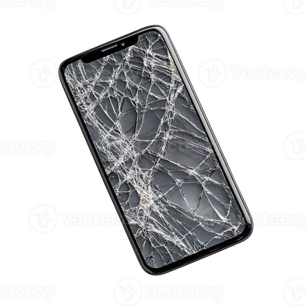 Broken screen on cell phone top view isolated on transparent background png