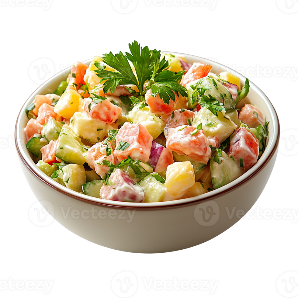Bowl of tasty russian salad isolated on transparent background png