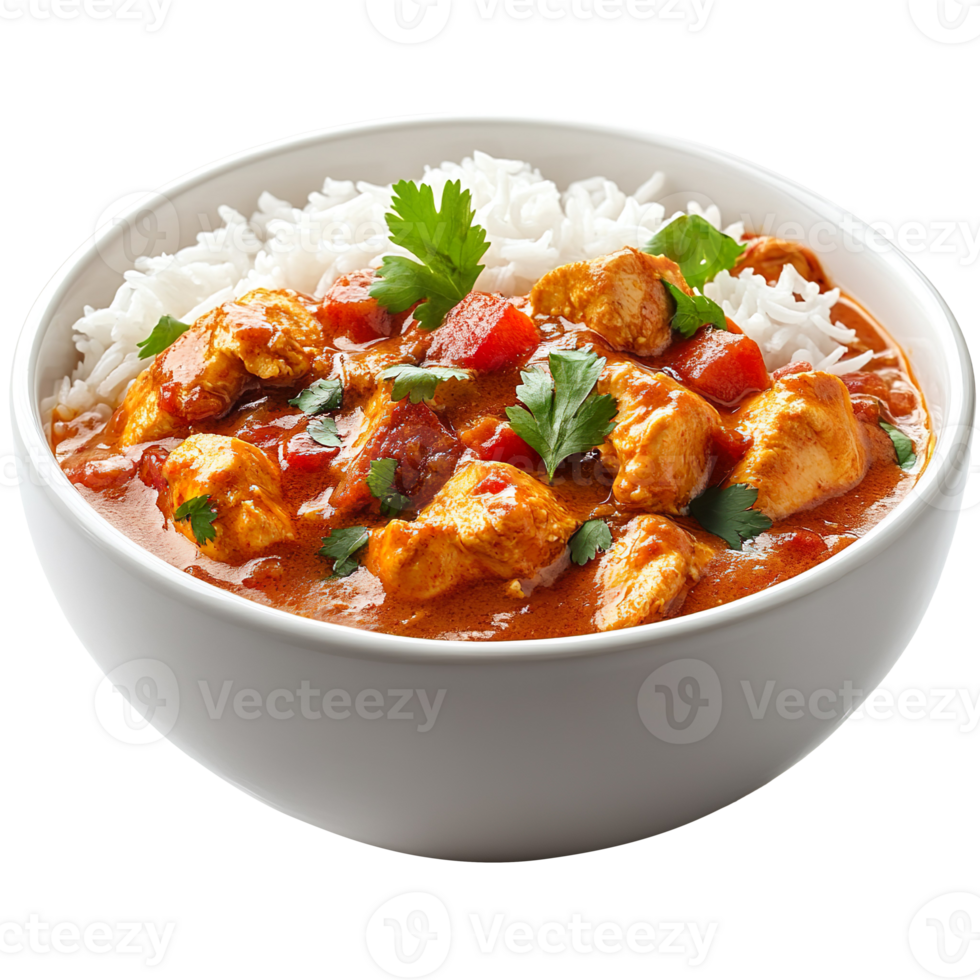 Bowl of Traditional Indian Chicken Curry with Basmati Rice isolated on transparent background png