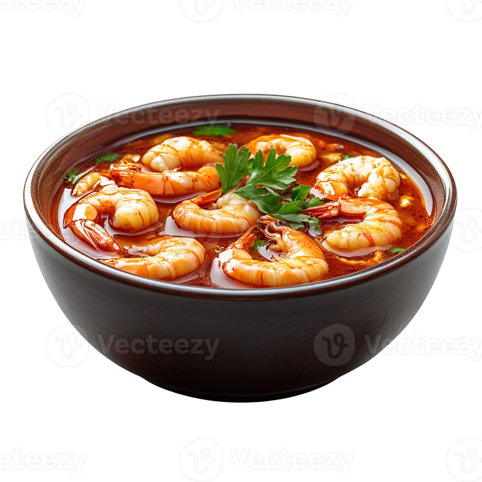 Bowl of tasty hot pot with shrimps isolated on transparent background png