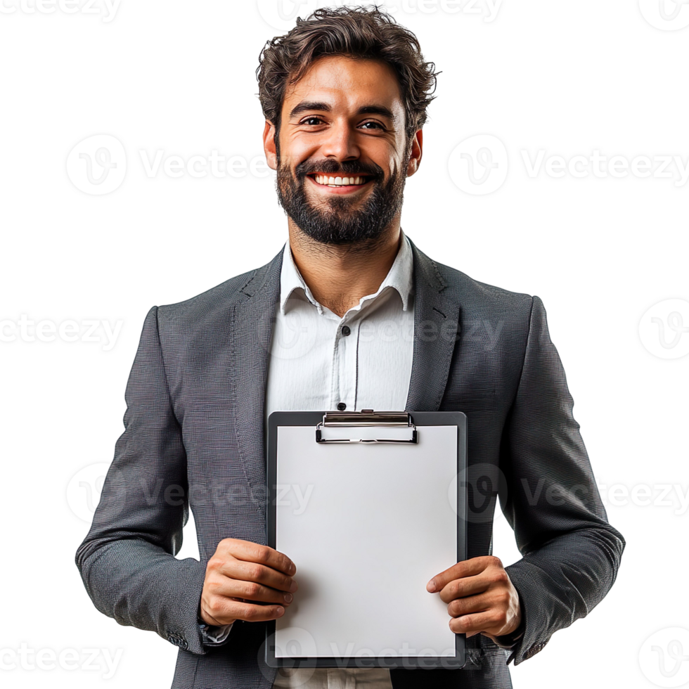 business man holding clipboard with smile face isolated on transparent background png