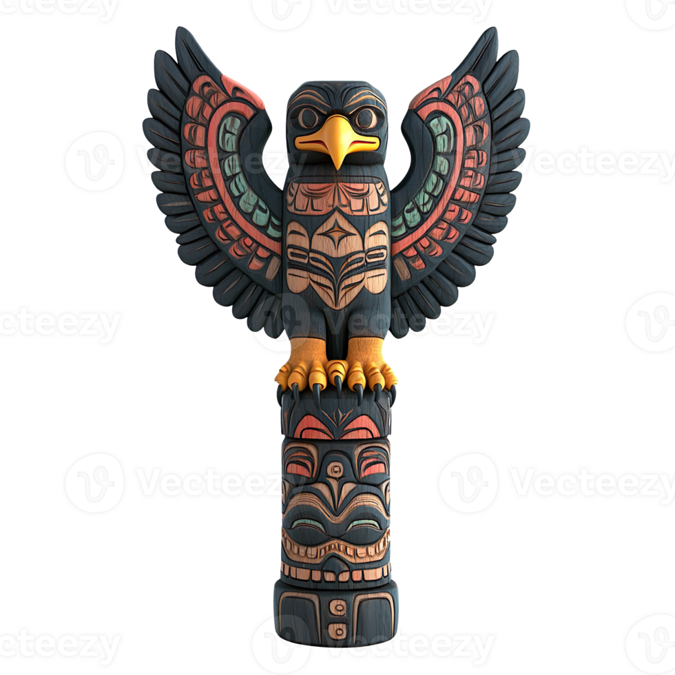 Carved Wooden Totem Pole with Eagle Design isolated on transparent background png