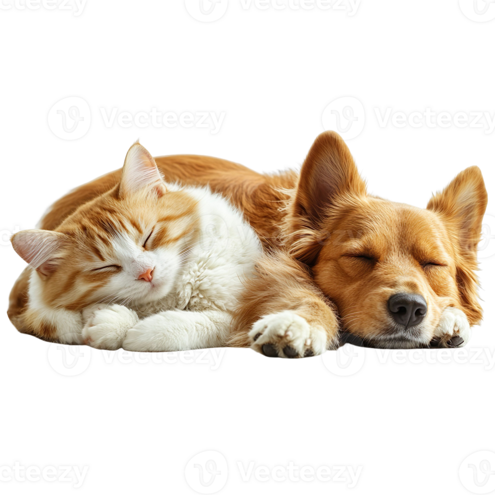 Cat and dog sleeping together isolated on transparent background png