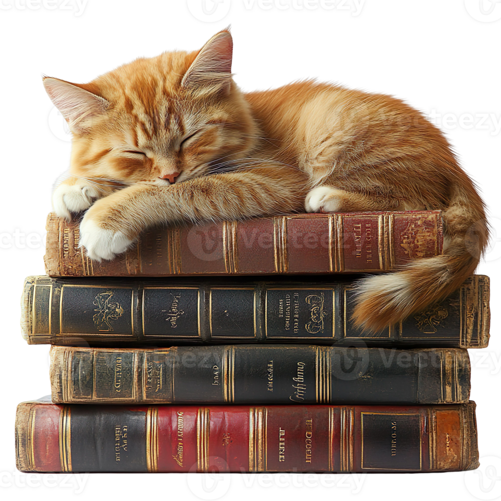 Cat sleeping on top of a pile of books isolated on transparent background png