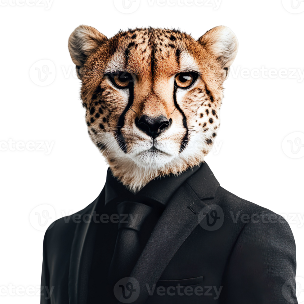 Cheetah Wearing Black Business Suit isolated on transparent background png