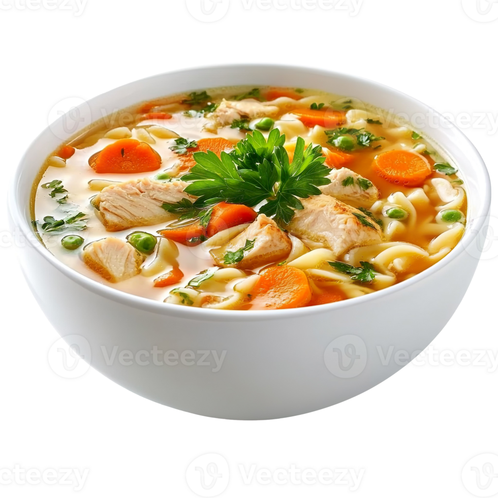 Chicken noodle soup in white bowl isolated on transparent background png