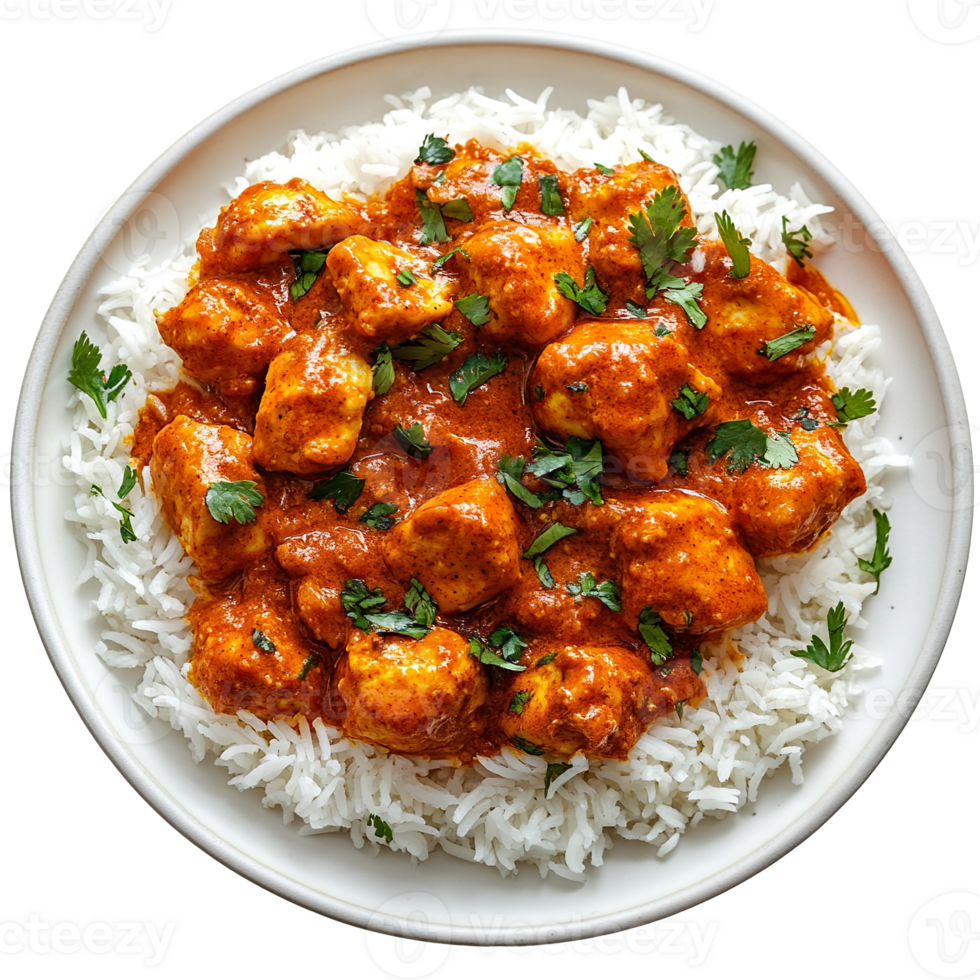 Chicken tikka masala with rice on a plate isolated on transparent background png